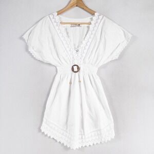 Seaspice Resort Wear Cover Up Dress Sz Medium White Lace Trim Boho Cruise Beach